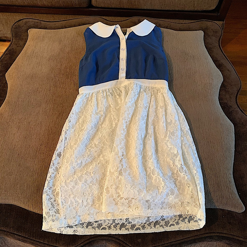 Navy Blue and White Lace Midi Dress